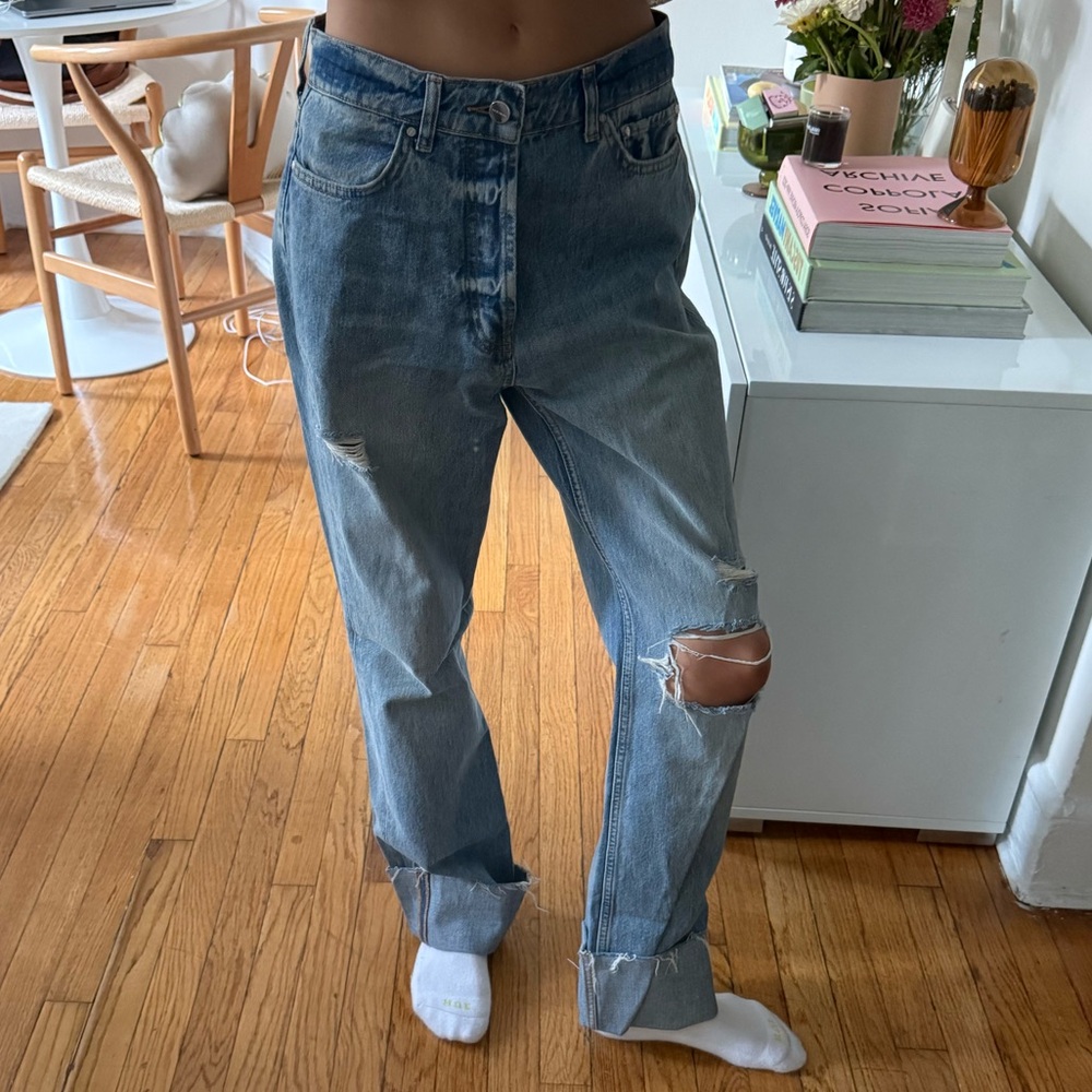 Anine Bing Blue Ripped Straight Leg Jeans